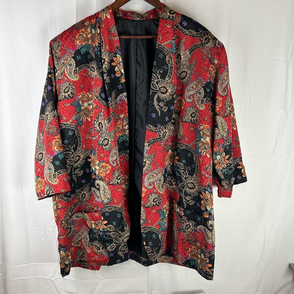 Vintage Fashion Star Jacket Womens Petite Small Red Paisley Kimono 80s 90s‎